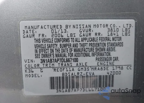 2013 Nissan Sentra Sr z USA, uszkodzony, nr VIN 3N1AB7AP7DL667100